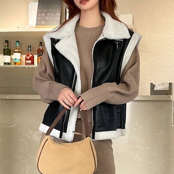 Black And White Boho Womens Contrast Trim Zip Up PU Vest Coat